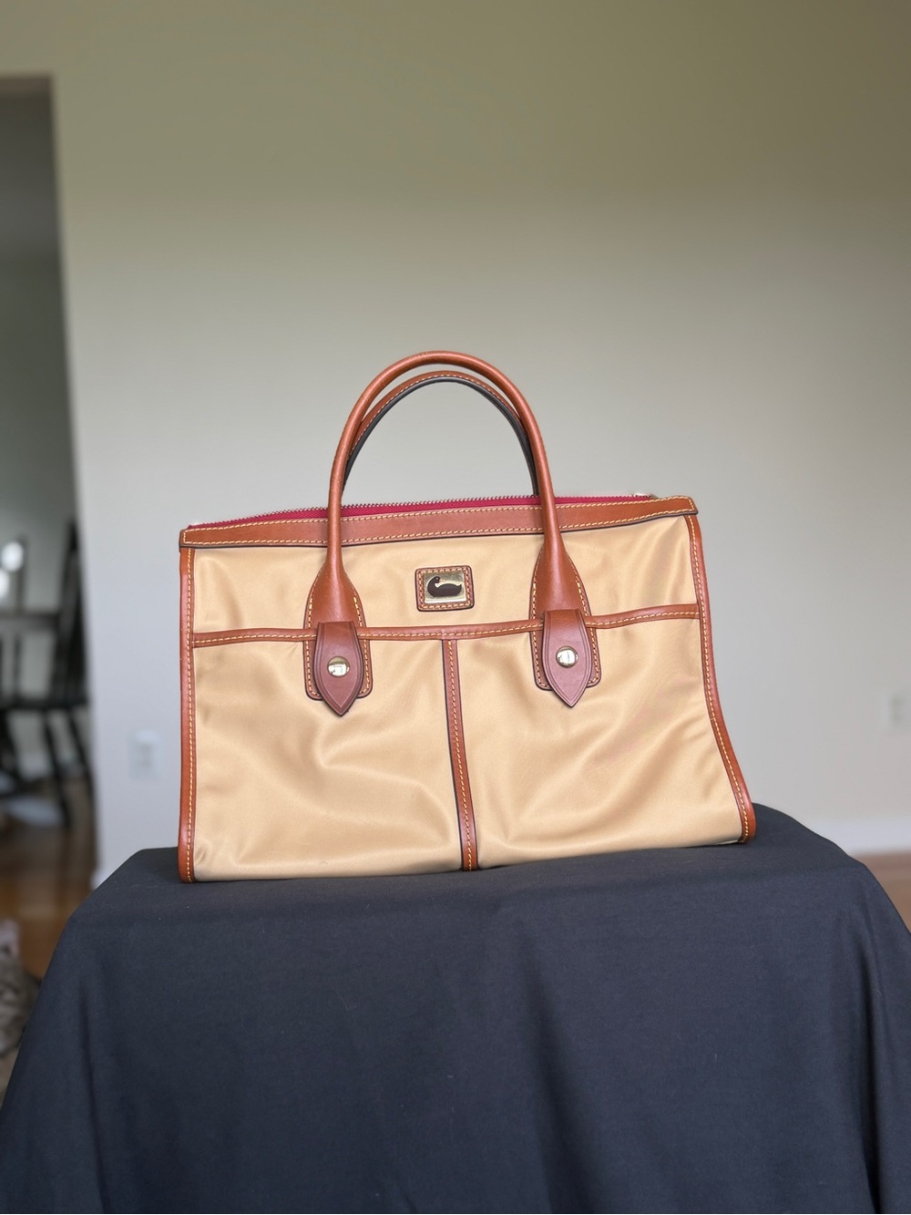 Dooney & Bourke Tan and Brown Tote with Red Trim